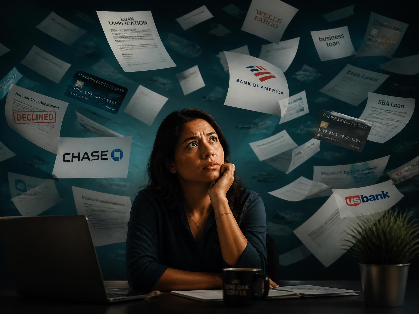 Business owner surrounded by scattered loan applications and bank logos