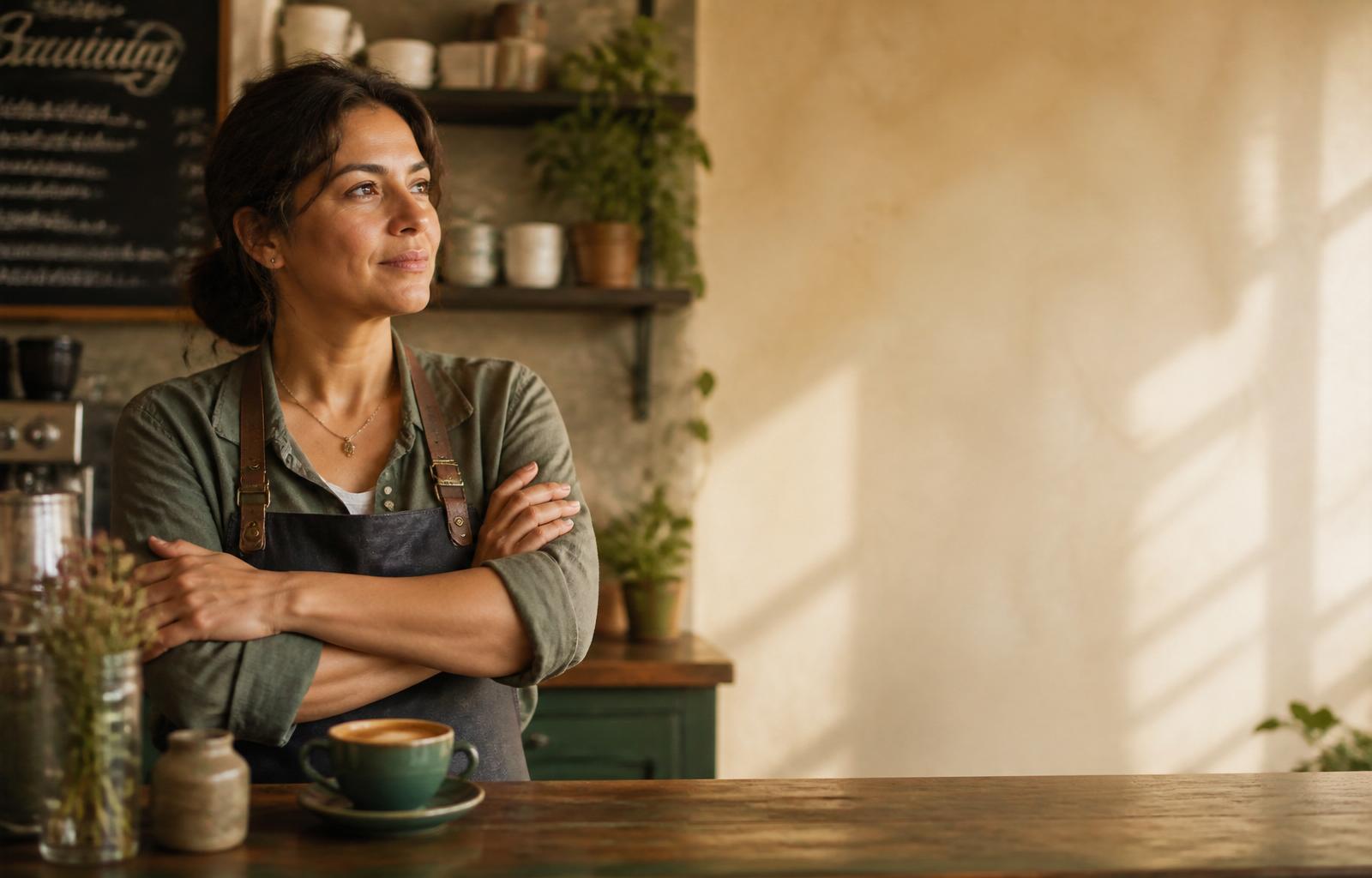 A coffee shop owner standing behind the counter of her cafe