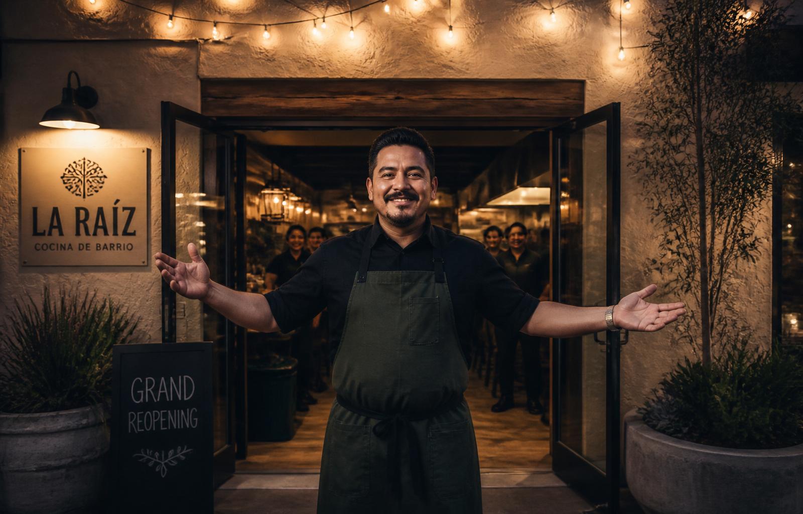 Restaurant owner opening the doors of his newly expanded restaurant