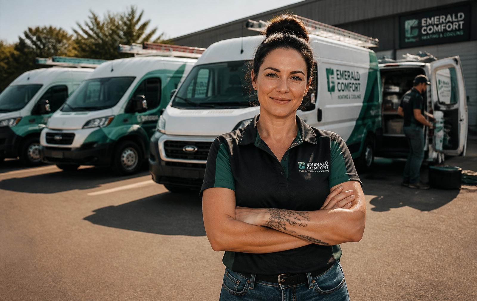 HVAC business owner in front of three new service vans